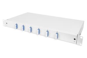 FO splice box 1U equipped 6x SC DX OS2 incl. splice cassette colored pigtails couplers